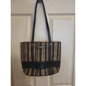 Longaberger Homestead Legacy Brown Tan Striped Tote Bag Purse 12”x9”x3.5”